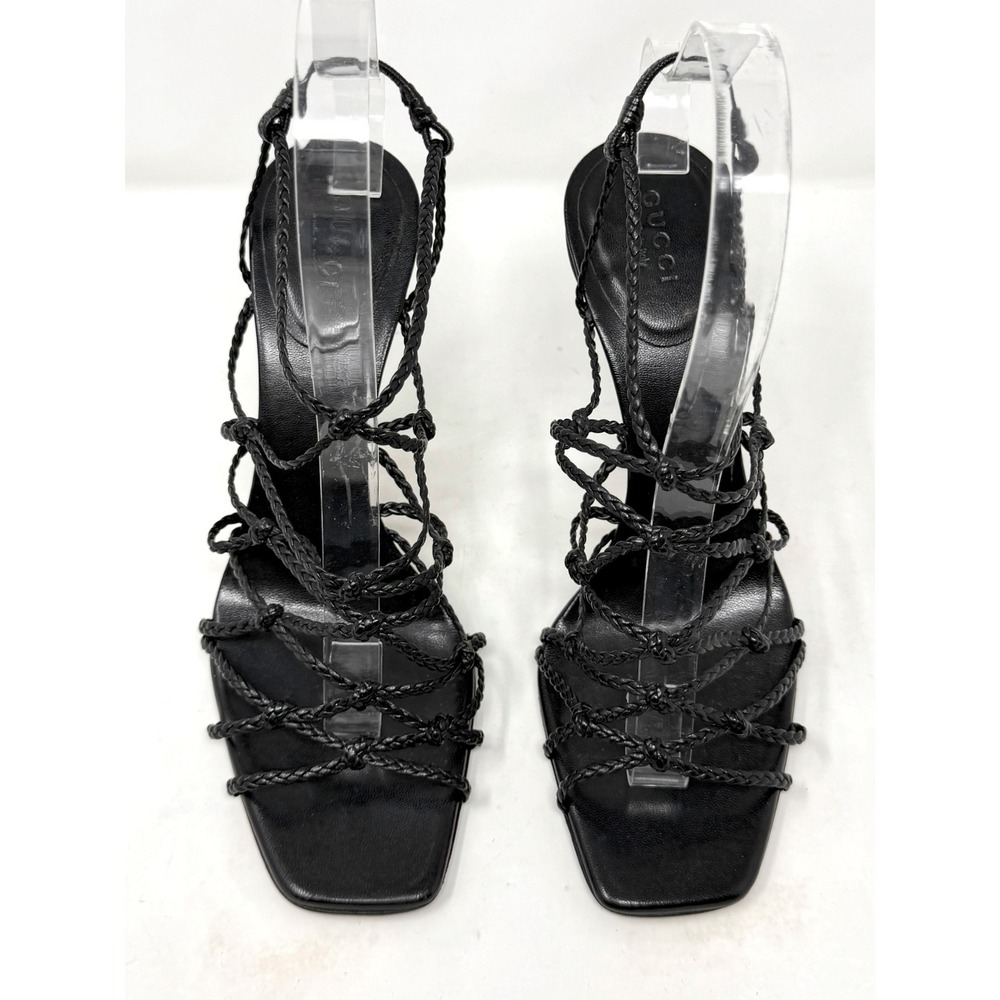 Gucci Black Strappy Heels Braided Leather Sandals 7.5 Y2K Tom Ford - Picture 2 of 9